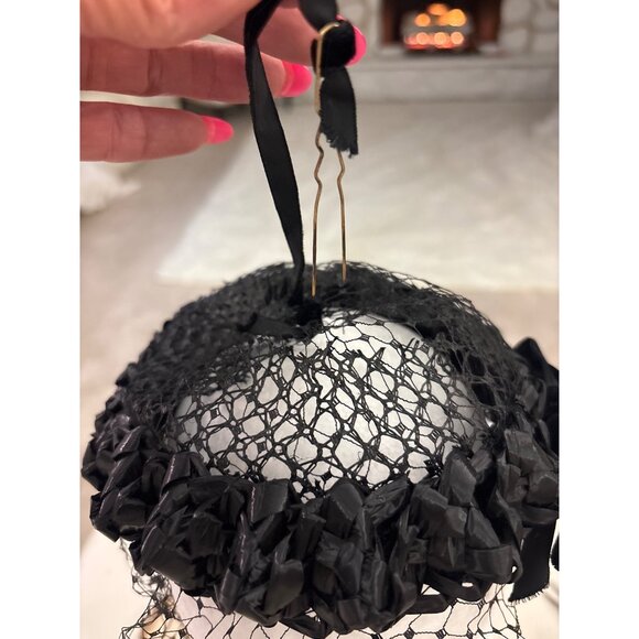 1940s Black Veiled Tilt Hat Velvet Bow Old Hollywood Cocktail Netted main image 10